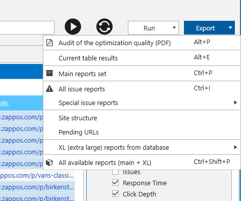 SEO reports' export menu in Netpeak Spider