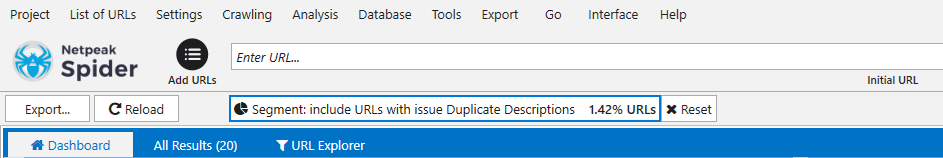 Data segmentation in Netpeak Spider