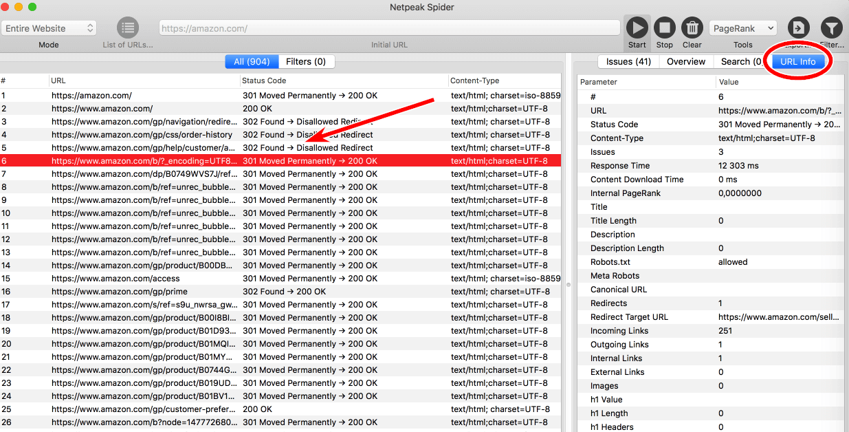 URL Info Tab in Netpeak Spider on Mac OS
