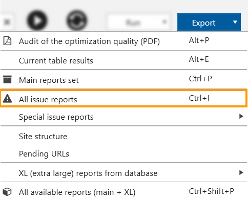 'Export' menu in Netpeak Spider