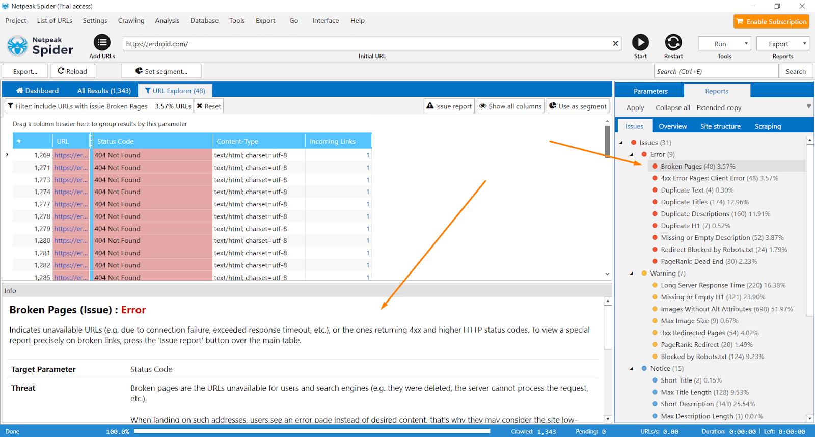 Approach the results in the main table of Netpeak Spider