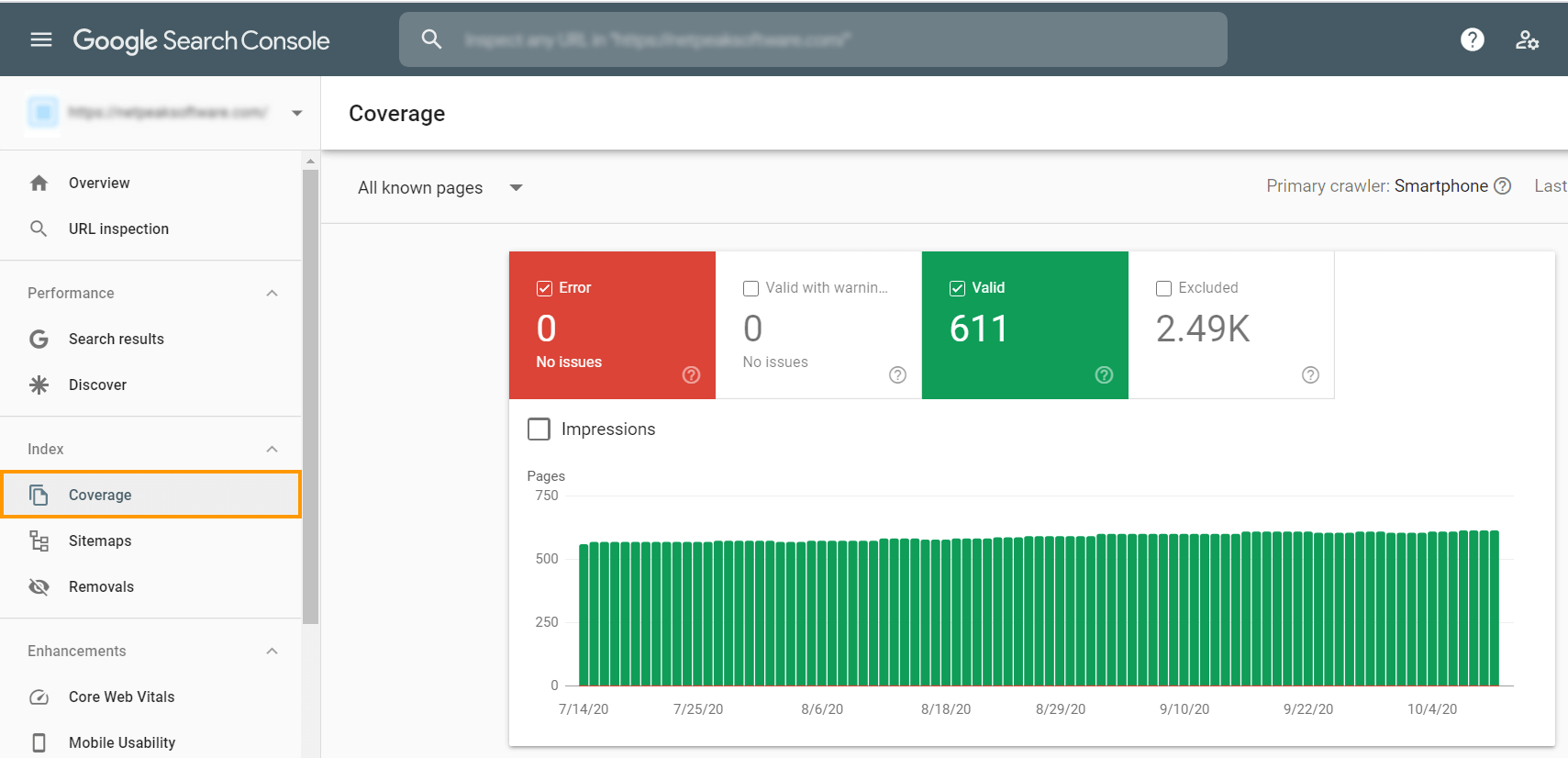 Check your index status in the ‘Coverage’ tab in Google Search Console to see the number of pages Google has on its index