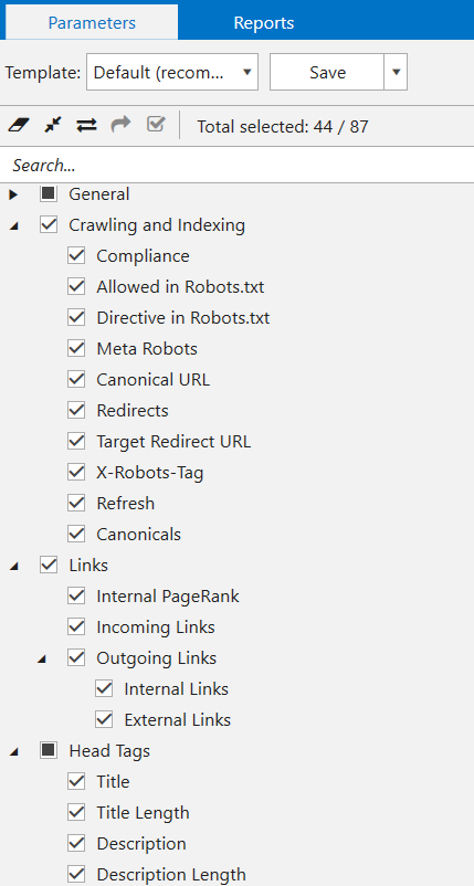 Sidebar parameters in Netpeak Spider