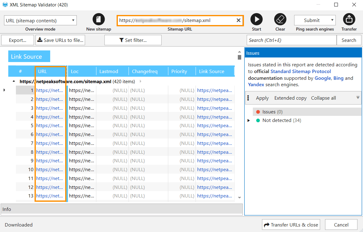 go to the 'XML Sitemap Validator' in Netpeak Spider to check the XML sitemap pages