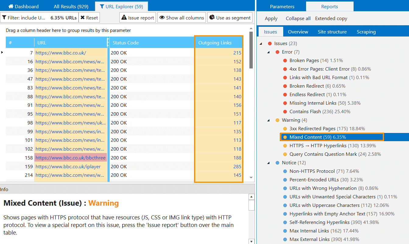 The main table in Netpeak Spider with filtered results