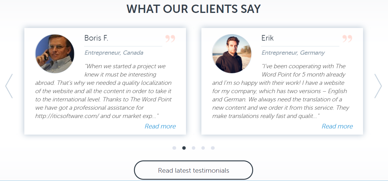 Testimonials on the website