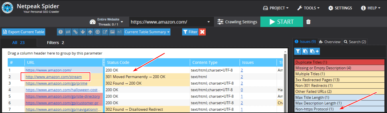 Checking redirects to HTTPS by Netpeak Spider