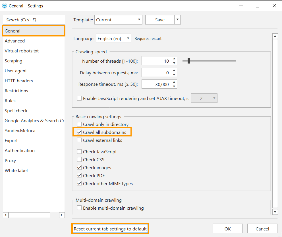 General Netpeak Spider crawling settings