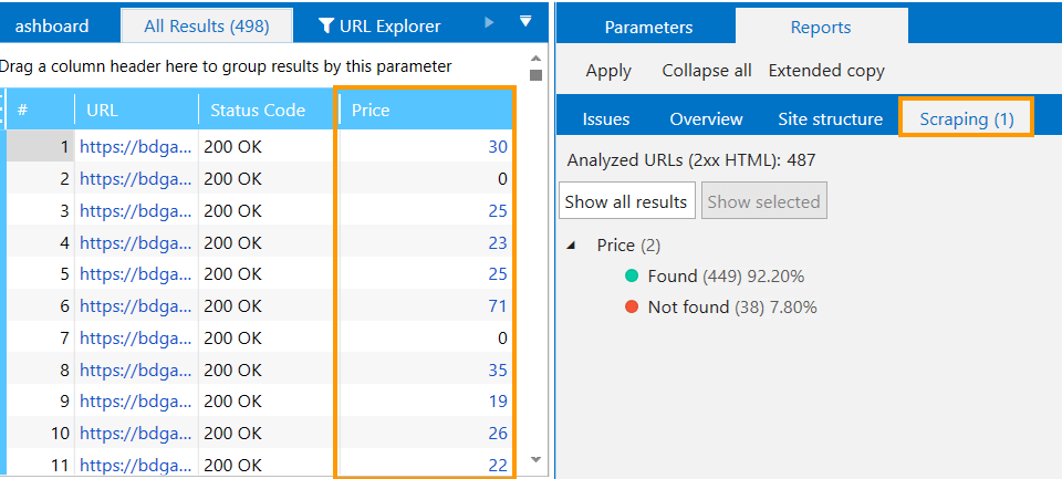 Scraping results in Netpeak Spider