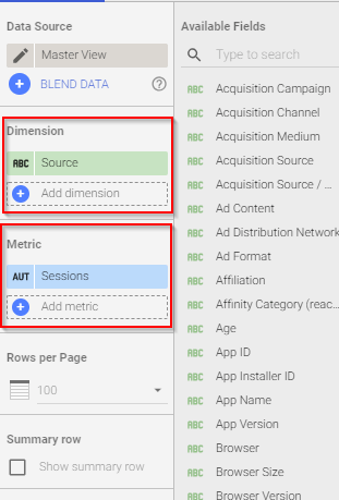 Selecting parameters for the table