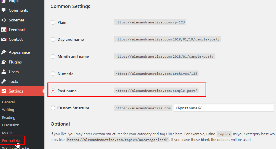 Wordpress SEO: Permanent links settings