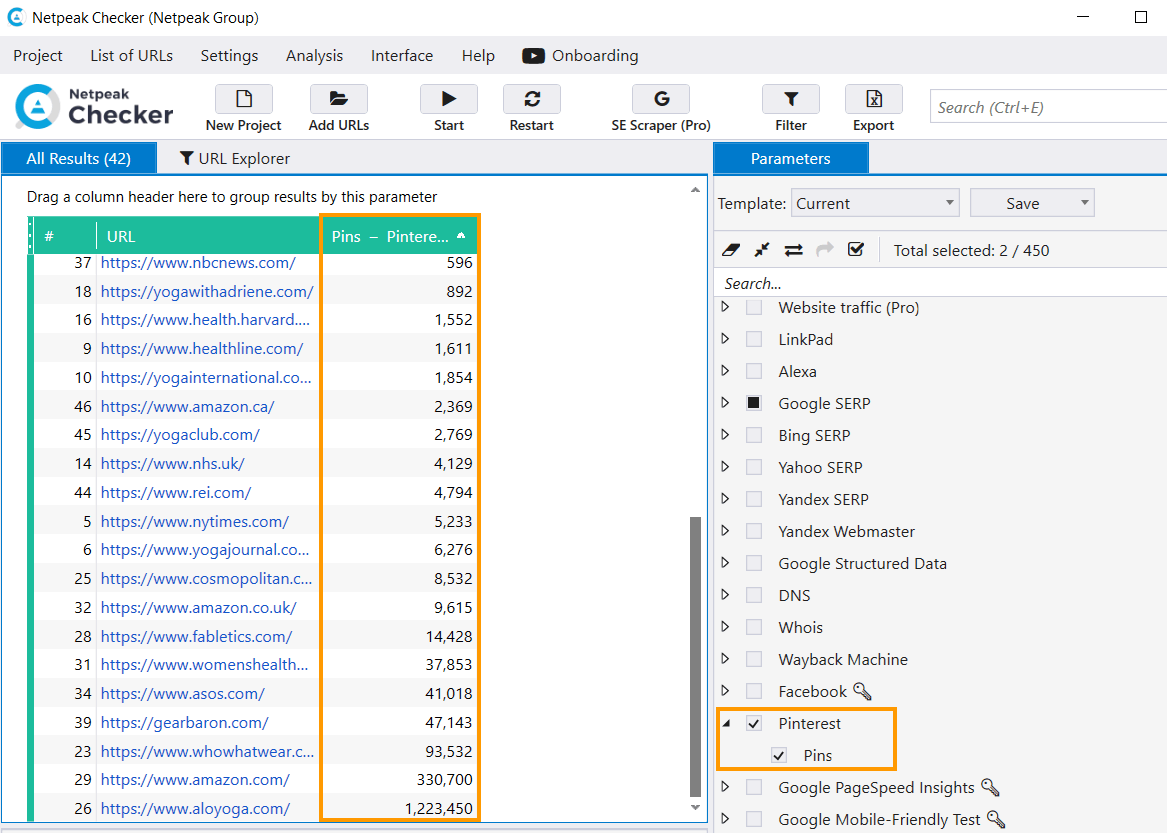 There's a 'Pinterest' parameter in Netpeak Checker