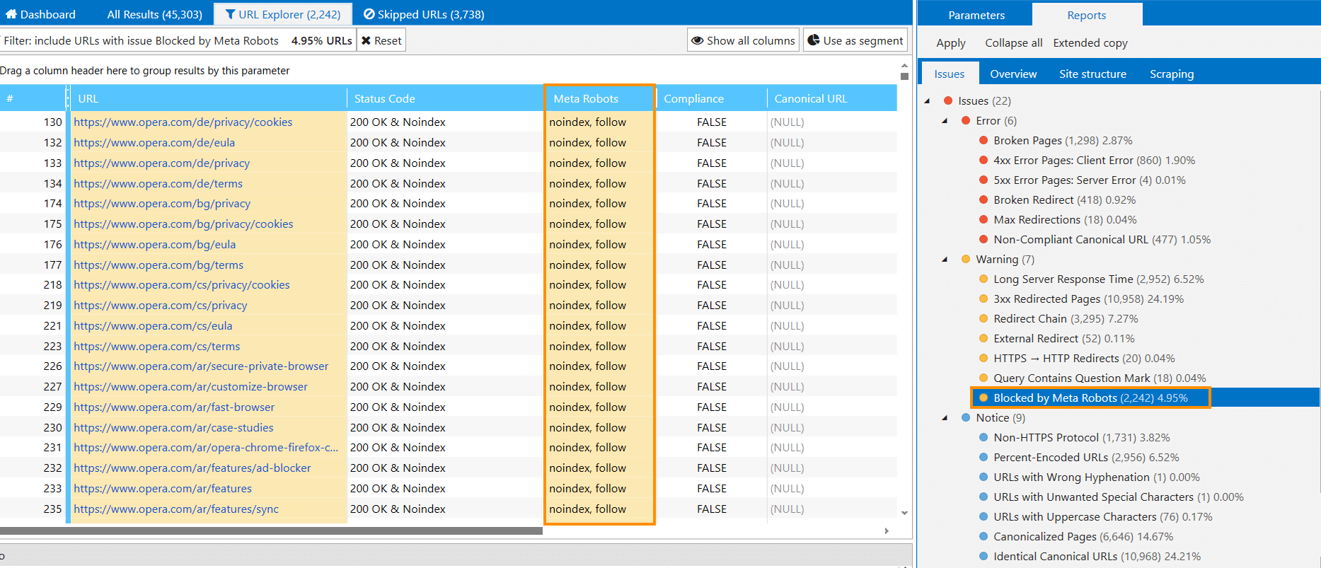 Check indexing instructions in Netpeak Spider