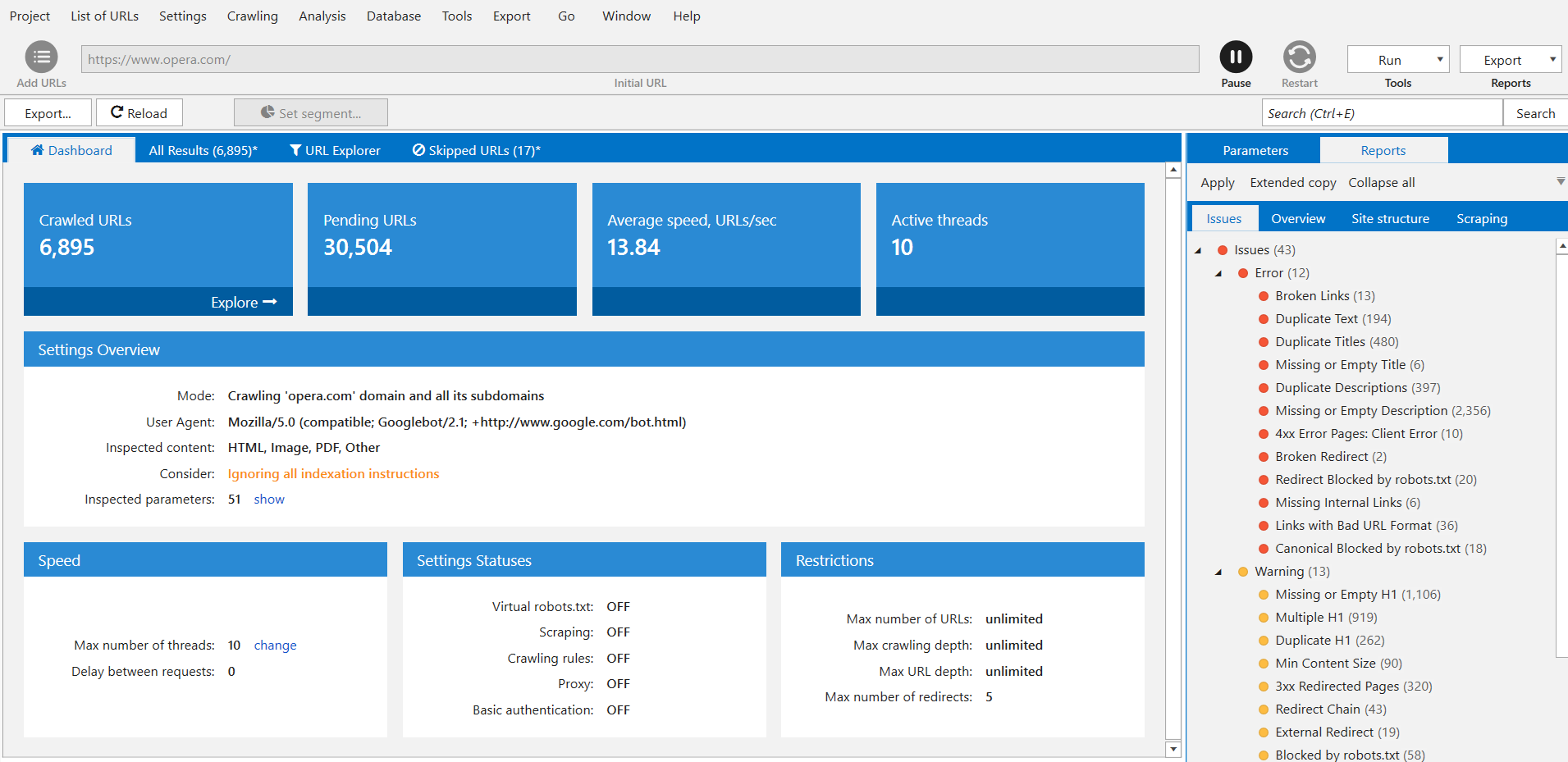 Dashboard during crawling in Netpeak Spider 3.0