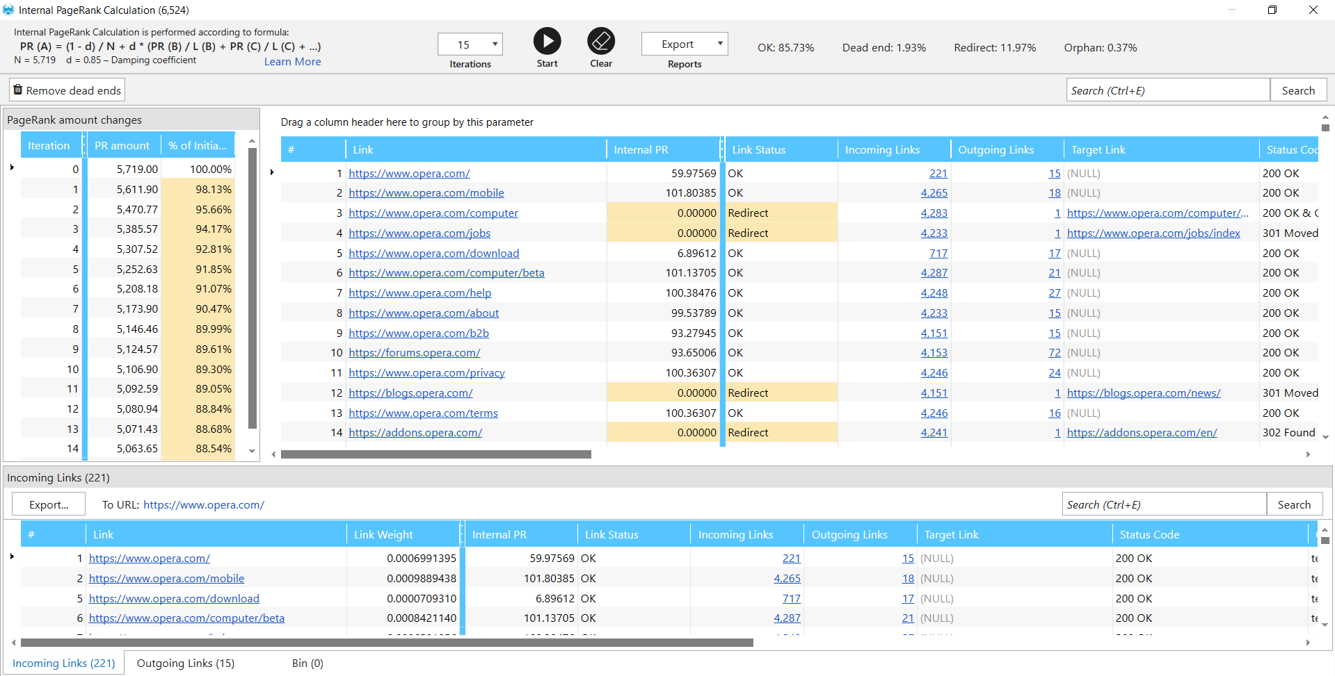 Internal PageRank calculation in Netpeak Spider 3.0