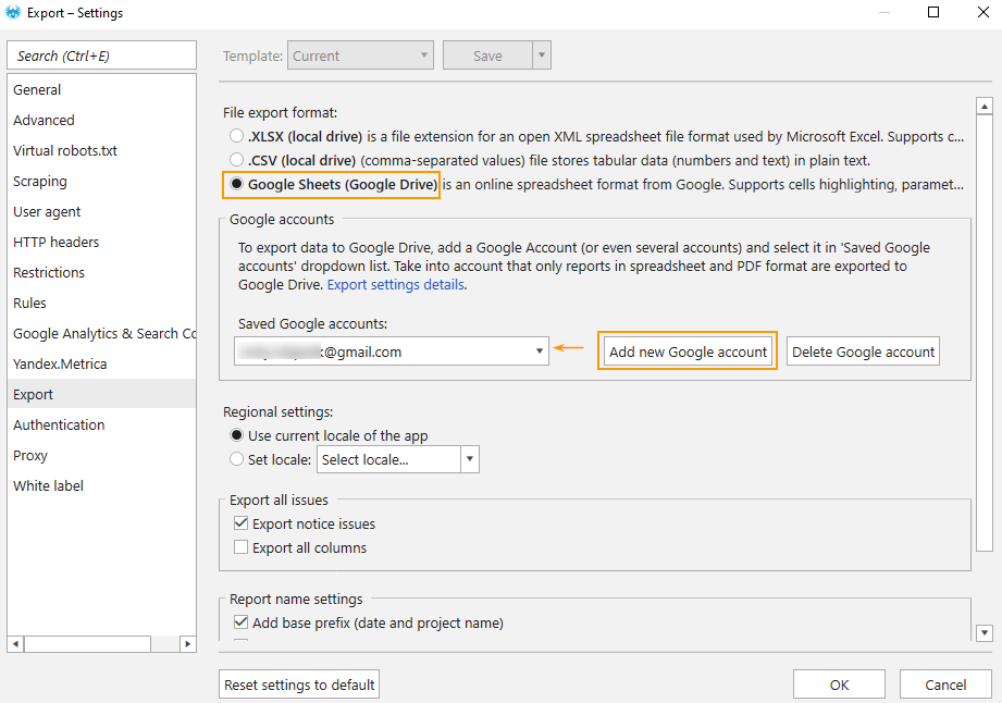 Open the ‘Settings’ window in Netpeak Spider and go to the ‘Export’ tab where you can add your Google account, thus setting up an export to Google Drive