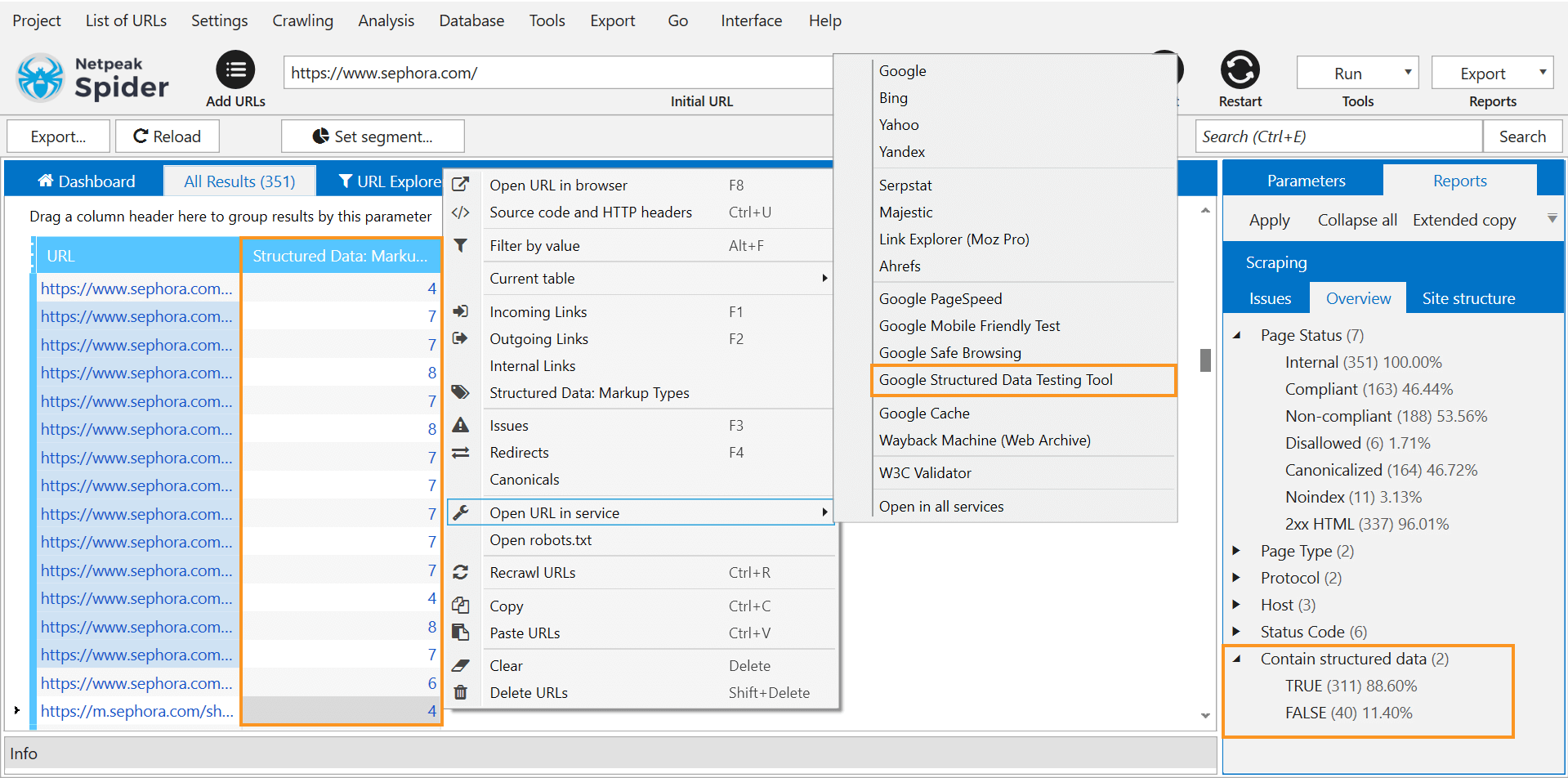In the main table of Netpeak Spider, you can see the column with structured data parameter, an 'Overview' tab with TRUE / FALSE values in a sidebar, to validate structured data go to the context menu