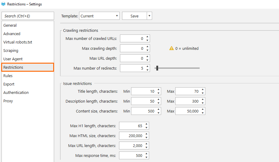 Restrictions setting in Netpeak Spider