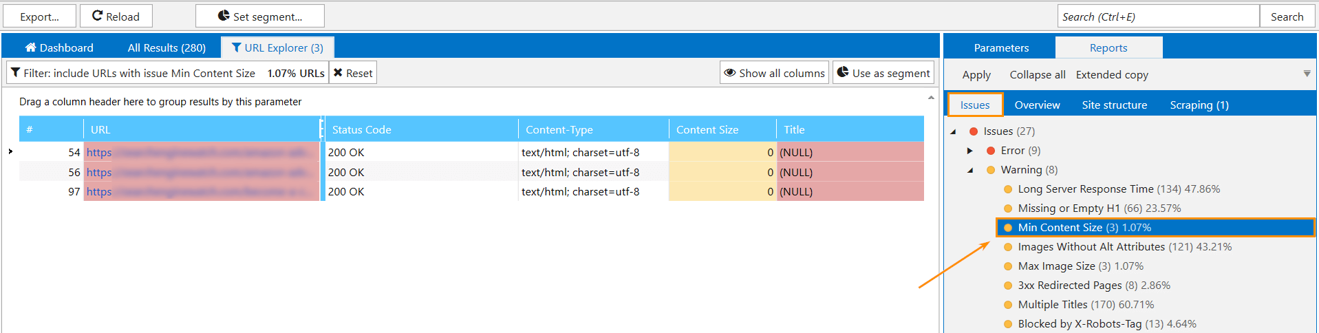 Pages with low word count found by Netpeak Spider