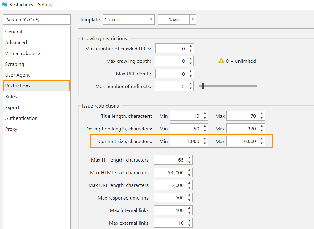 Setting minimum content size check in Netpeak Spider