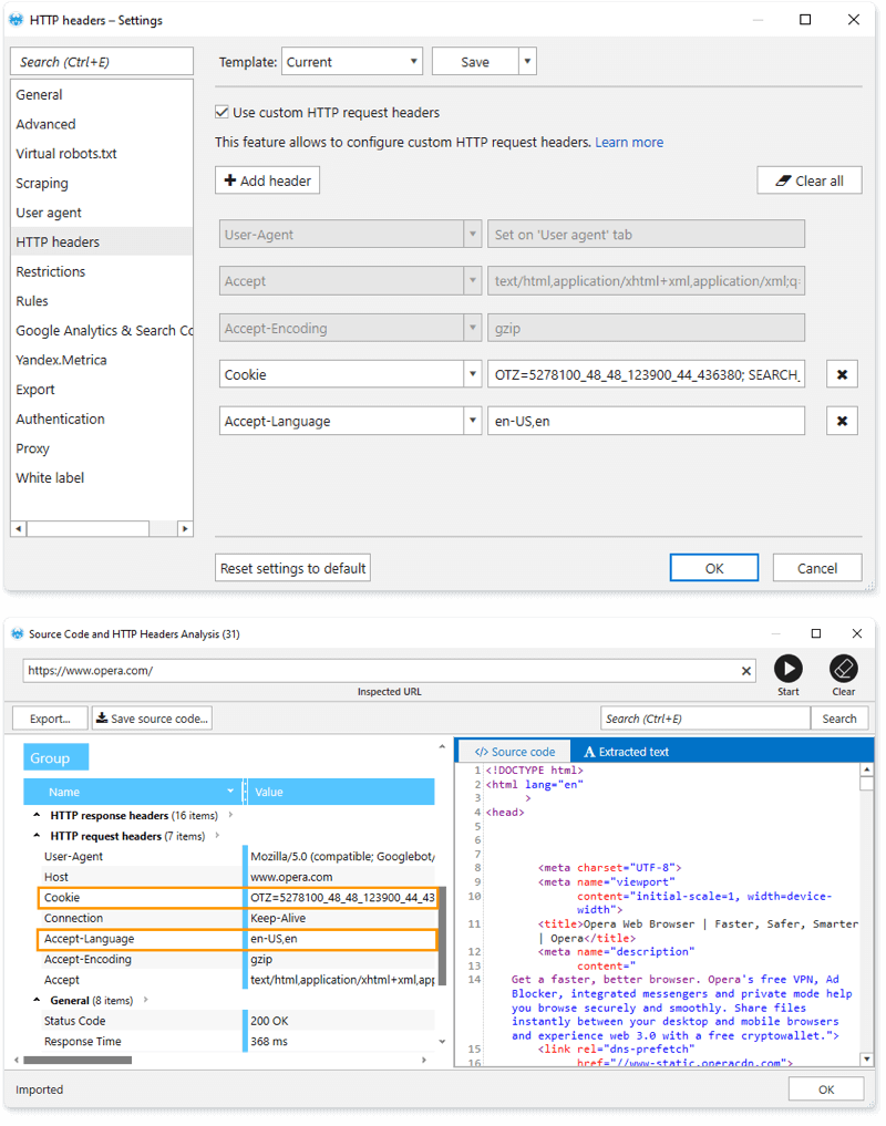 On the 'HTTP headers' settings tab, set your own headers, open the 'Source Code and HTTP headers analysis' tool, enter the URL you need and see how the crawler will request the server with the given headers