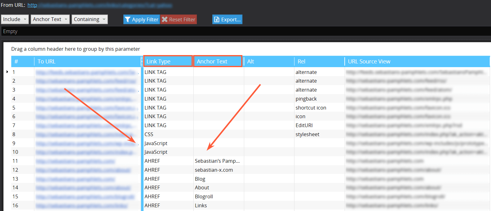 Anchor texts and link types detected by Netpeak Spider