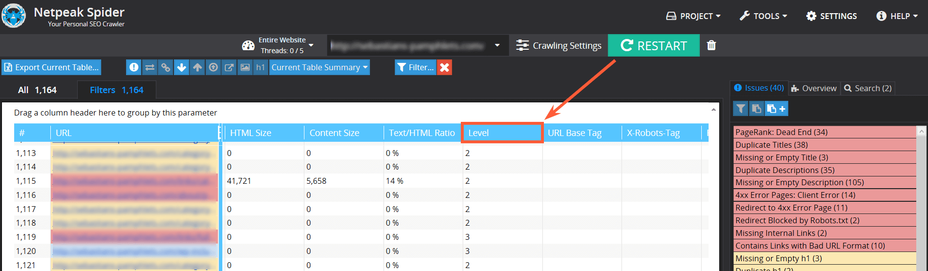 Checking click depth using Netpeak Spider