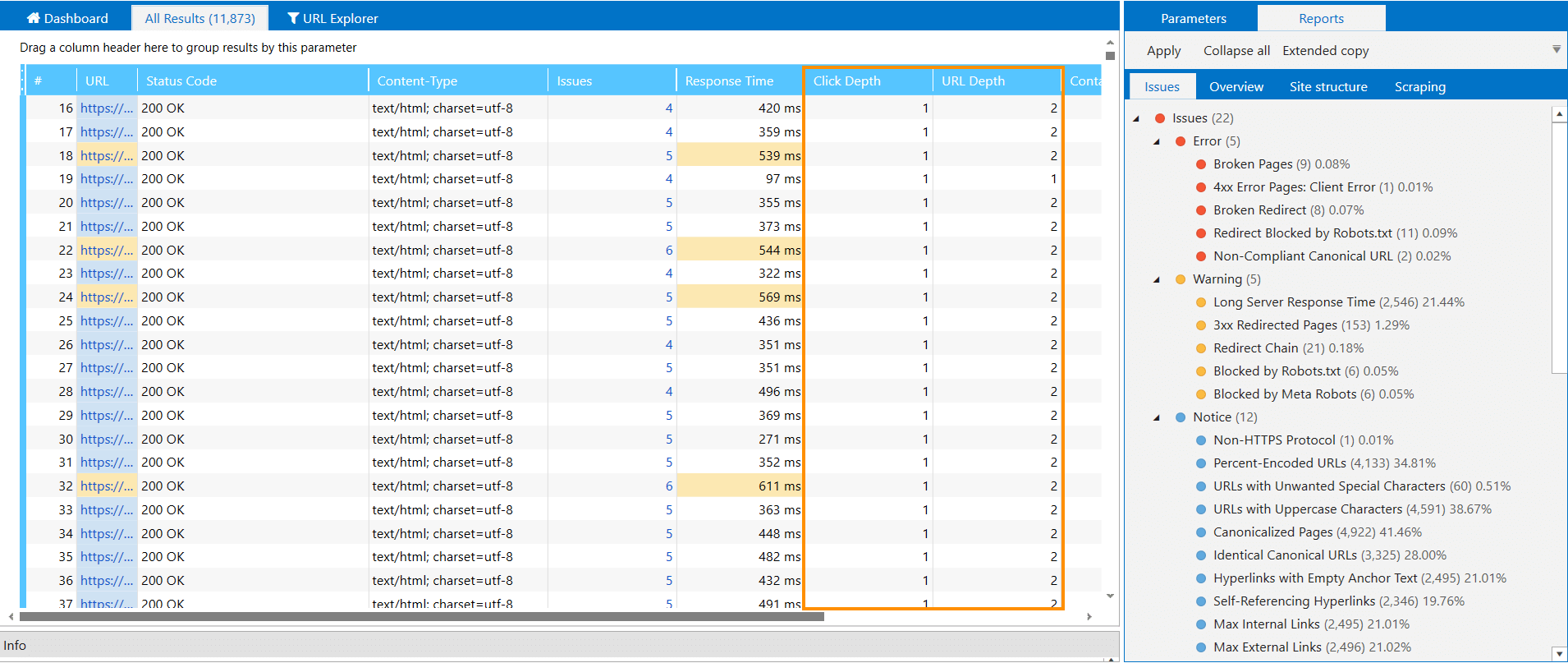 Checking click depth using Netpeak Spider