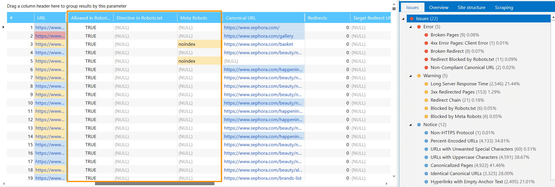 Netpeak Spider shows status in Robots.txt, Meta Robots and X-Robots-Tag