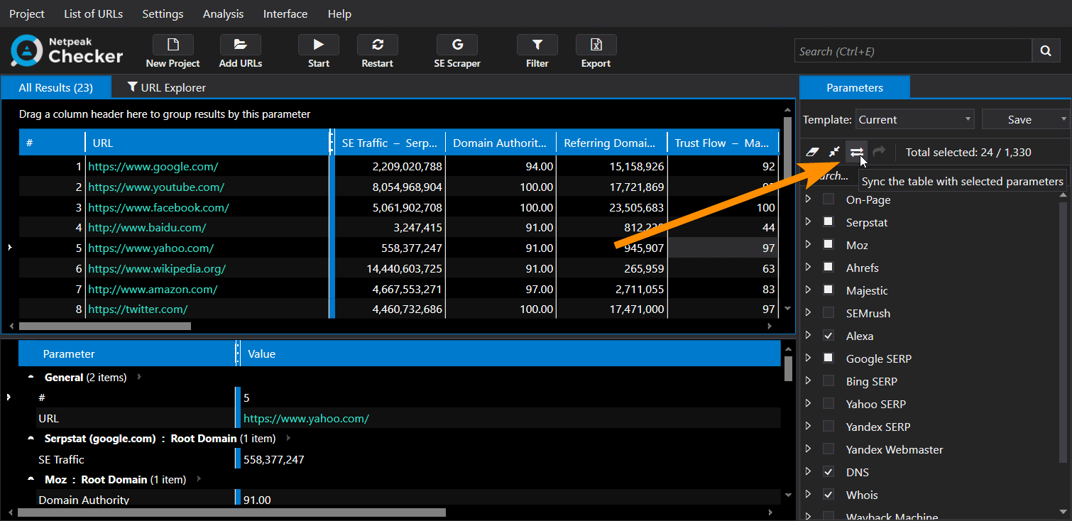 Netpeak Checker 3.1: new button for synchronizing tables with parameters