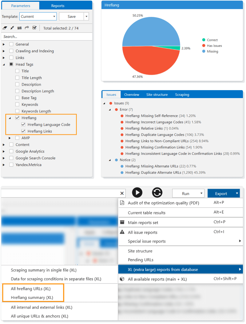 For a comprehensive hreflang check in Netpeak Spider 3.5, select the appropriate parameters, start crawling, and work with issue reports, dashboards and XL reports