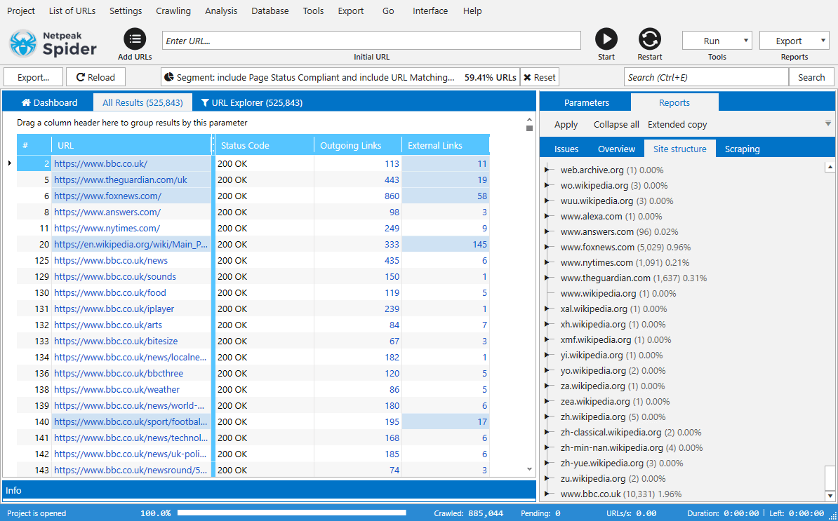 This is how Netpeak Spider 3.5 crawls multiple domains simultaneously. After the crawling is completed, you can see the site structure of each of them