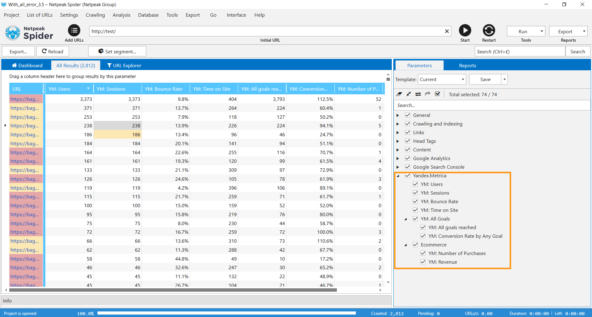 Select Yandex.Metrica parameters on the sidebar of Netpeak Spider 3.5, run the analysis, and you will see the data in the corresponding columns of the main table