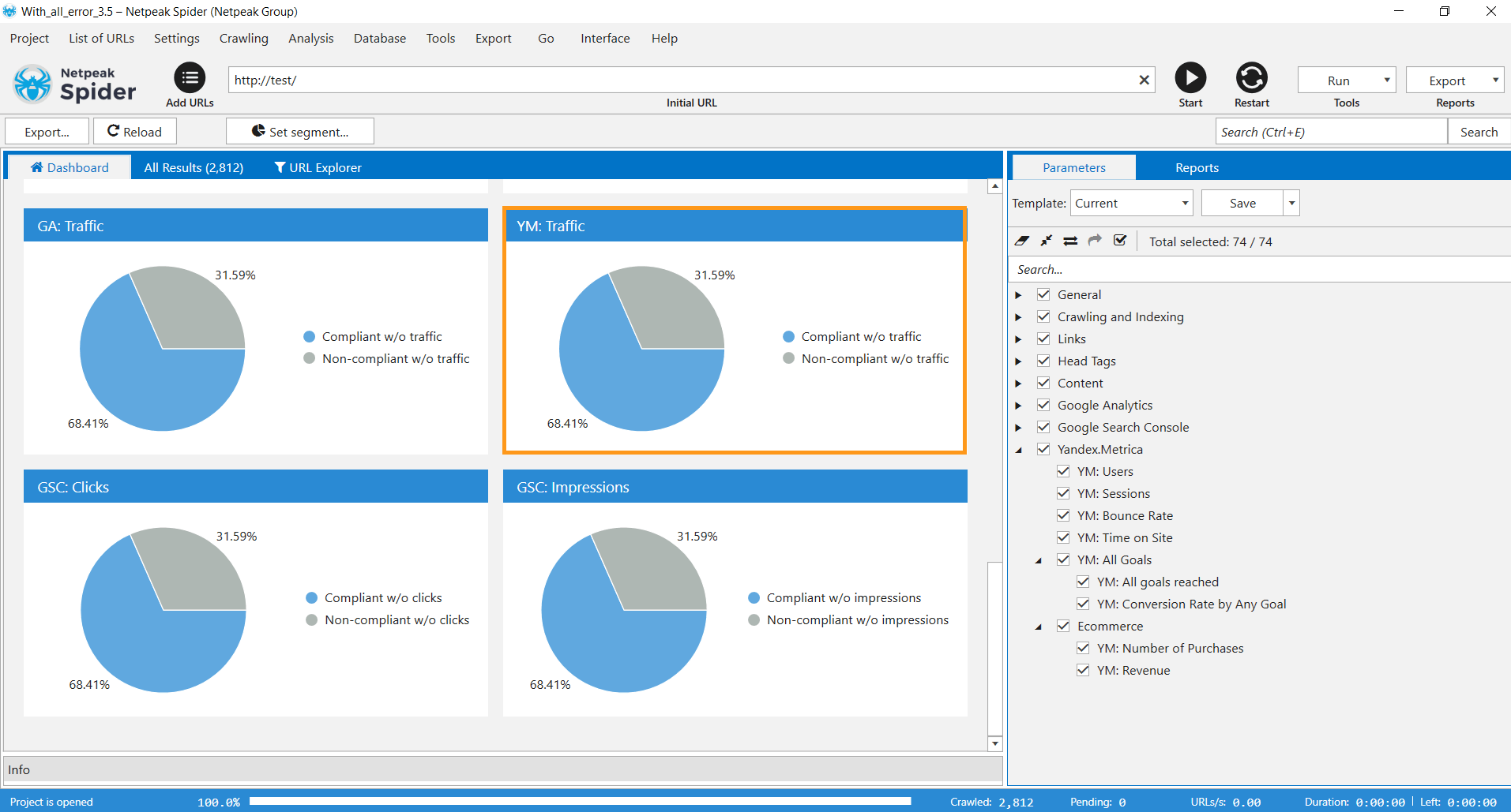 When the crawling is completed, you'll see a dashboard with the traffic distribution, according to Yandex.Metrica data on the Netpeak Spider 3.5 dashboard