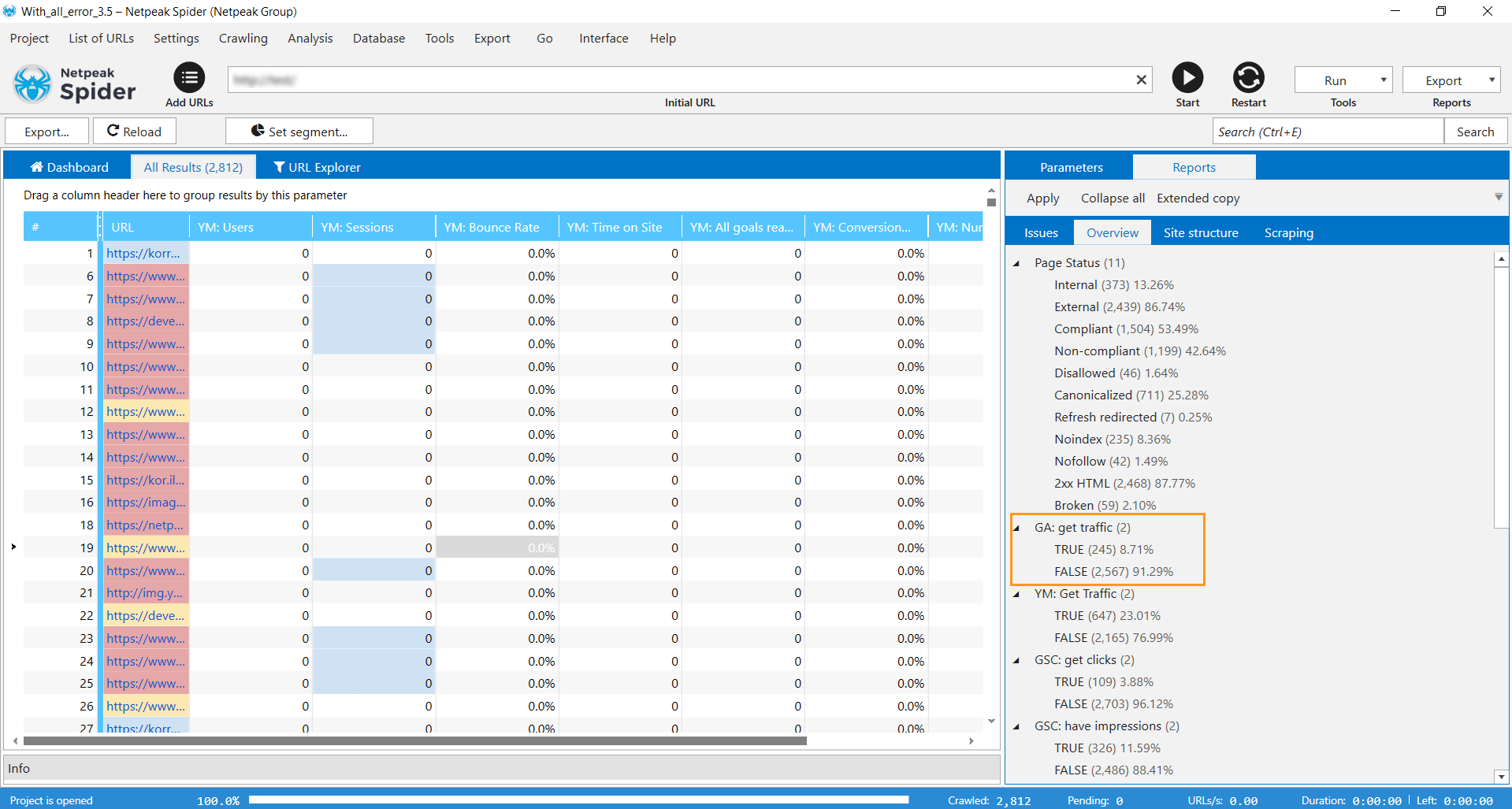 The 'Overview' tab in Netpeak Spider 3.5 displays new default filters – you can see if pages receive traffic according to Yandex.Metrica data or not