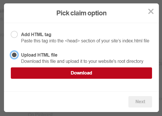 Connecting Website with Pinterest — Claim Option