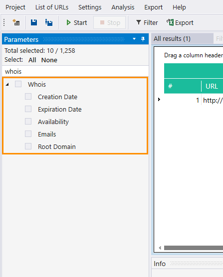 WHOIS section in Netpeak Checker