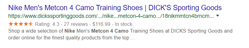 Product information in Google search results