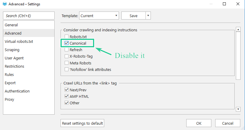 Disabling canonical considering in Netpeak Spider