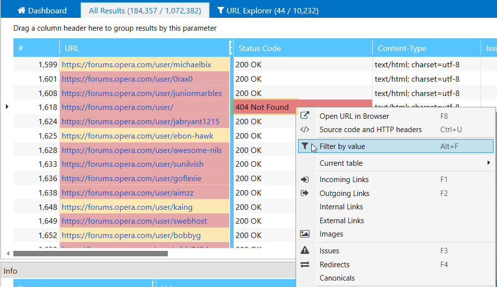 Netpeak Spider 3.1: 'Filter by value' option