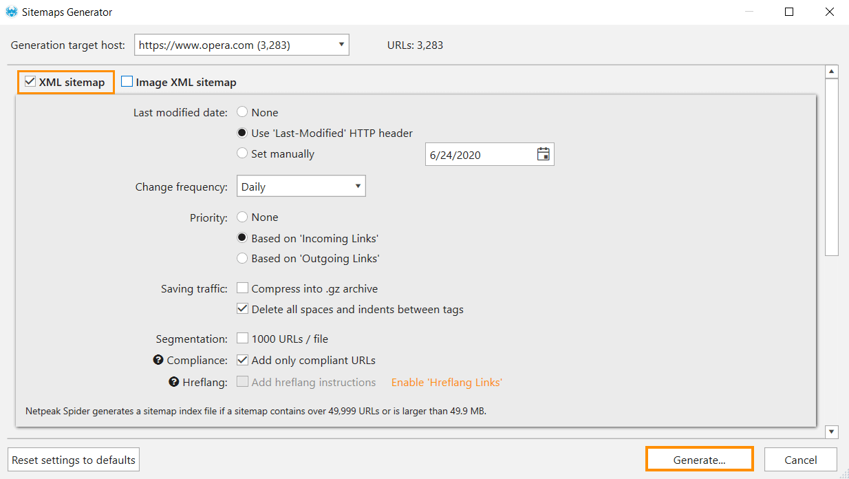 Tick in the ‘XML sitemap’ box and configure the sitemap parameters in Netpeak Spider