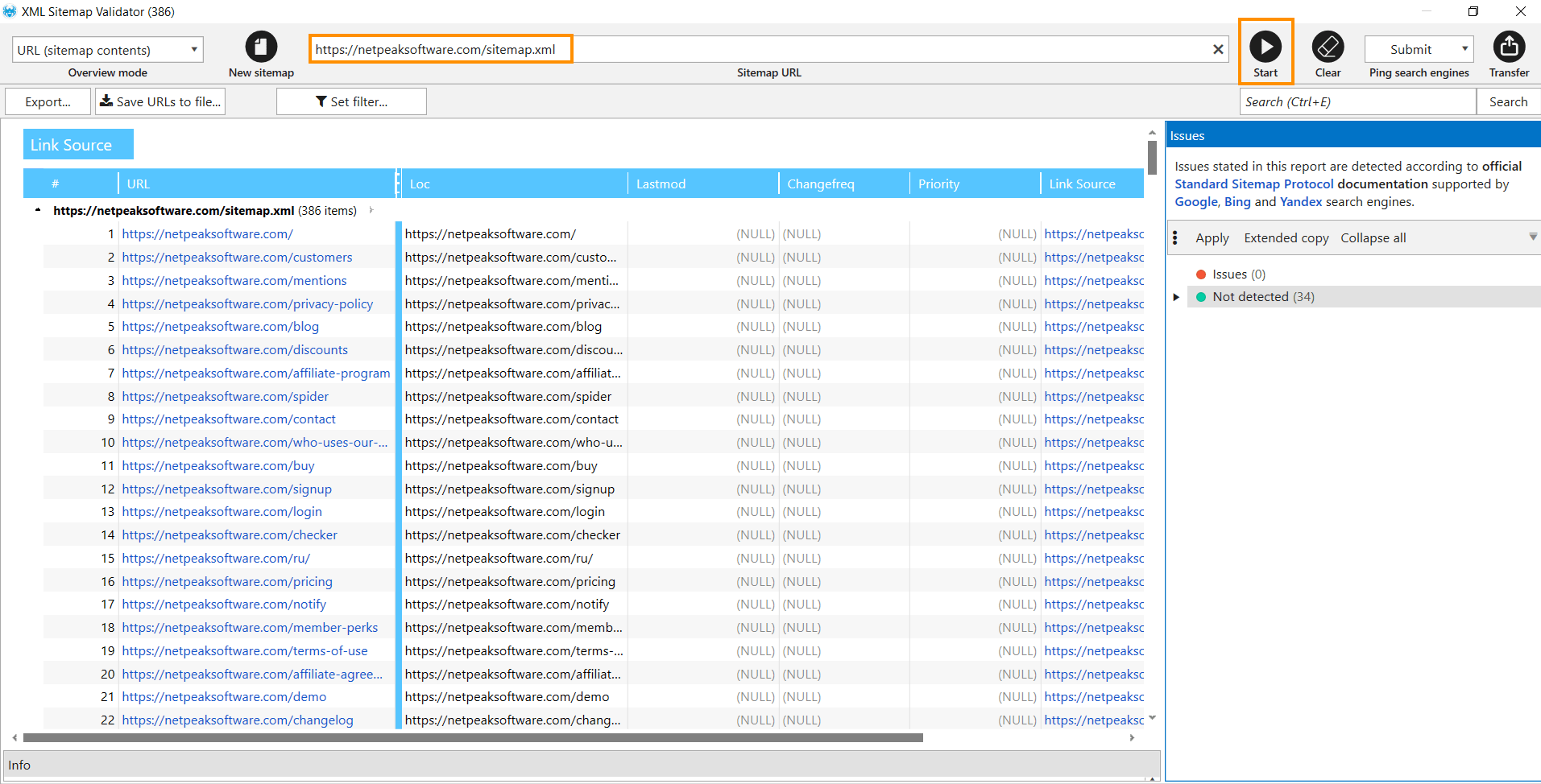 Go to the ‘XML sitemap validator’ in Netpeak Spider and insert the sitemap URL and press the ‘Start’ button