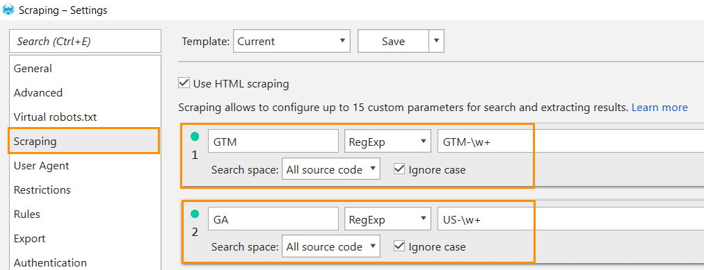 Scraping settings in Netpeak Spider to check GTM and GA codes