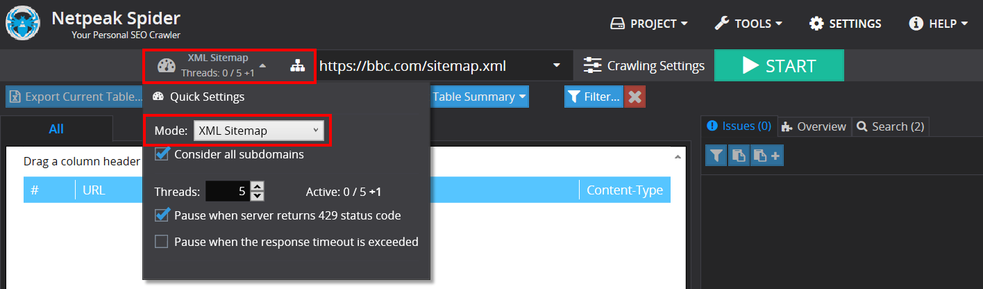 XML Sitemap mood in Netpeak Spider