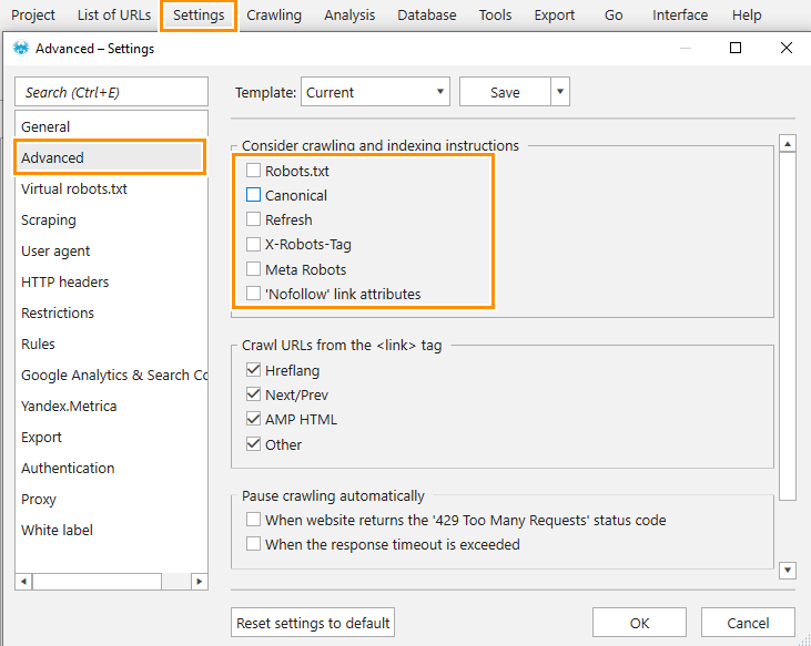 How to disable crawling and indexing instructions in Netpeak Spider