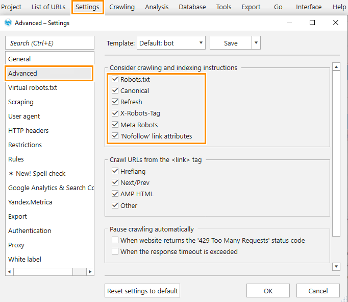 How to enable crawling and indexing instructions in Netpeak Spider