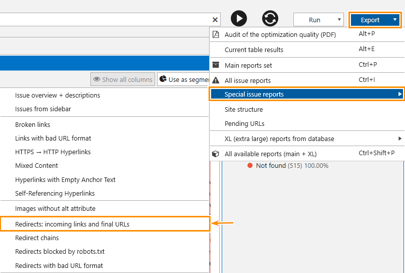 How to export a detailed report on redirects from Netpeak Spider