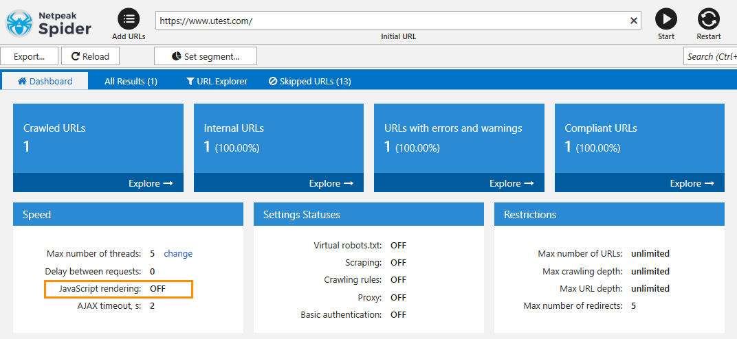 Example of crawling JS-site without JavaScript rendering in Netpeak Spider