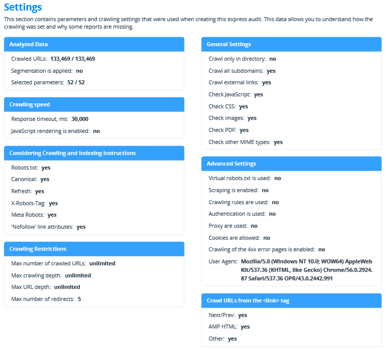 Netpeak Spider: ‘Settings’ section in SEO audit