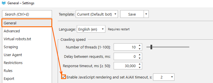 Setting of the JavaScript rendering and AJAX timeout in Netpeak Spider